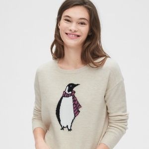 NEW Graphic Crewneck Sweater Oatmeal Beige Penguin
